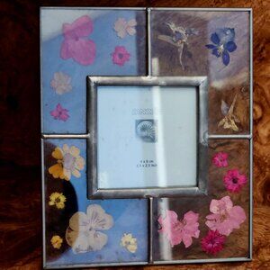 1-of-a-kind B'ful leaded glass pic frame w/pressed flowers by Burnes of Boston